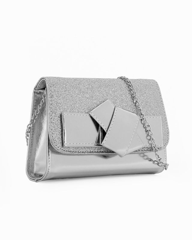 Product: ANNES NICOLE - Pochette laminata argento con patta glitterata e fiocco removibile, MADE IN ITALY (1 of 4)