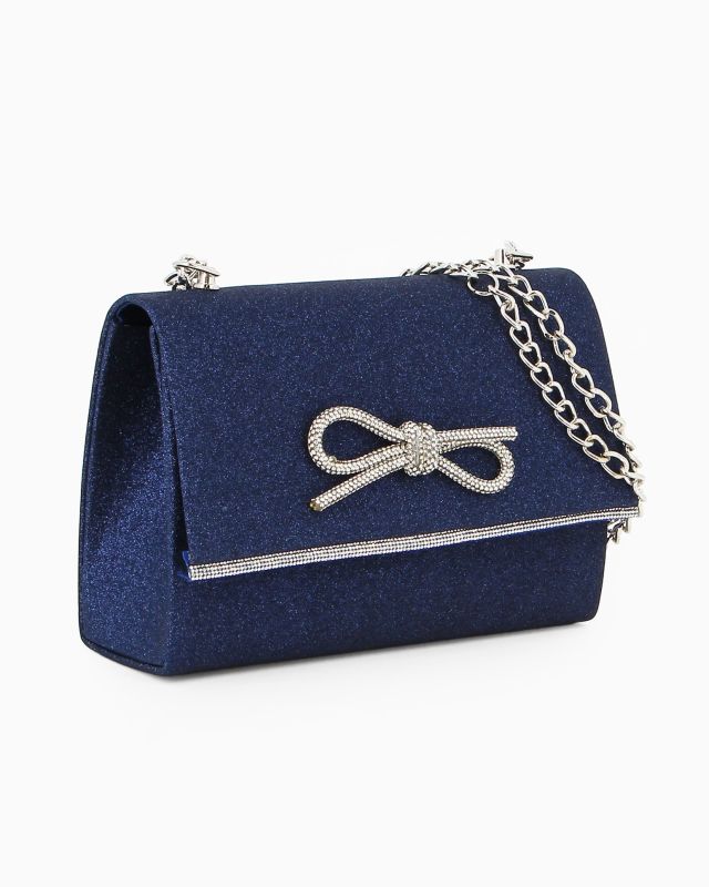 Product: MISS GLOBO - TRACOLLA IN GLITTER BLU CON FIOCCO DI STRASS E FILO DI STRASS SULLA PATTA (1 of 4)