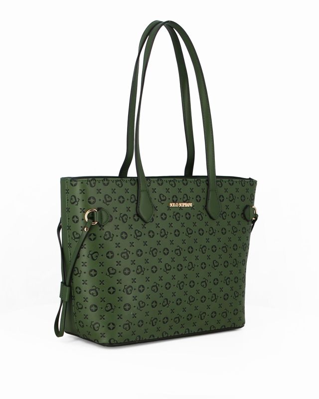 Product: SOLO SOPRANI - Borsa shopping verde con parte frontale loggata e laccetti laterali (1 of 4)