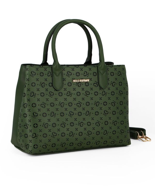 Product: SOLO SOPRANI - Borsa due manici verde con parte frontale loggata, tracolla removibile (1 of 4)