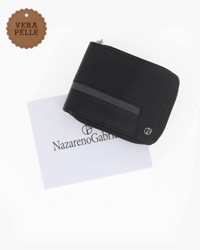 Product: NAZARENO GABRIELLI - Portafoglio nero da uomo in VERA PELLE con chiusura a zip (1 of 4)