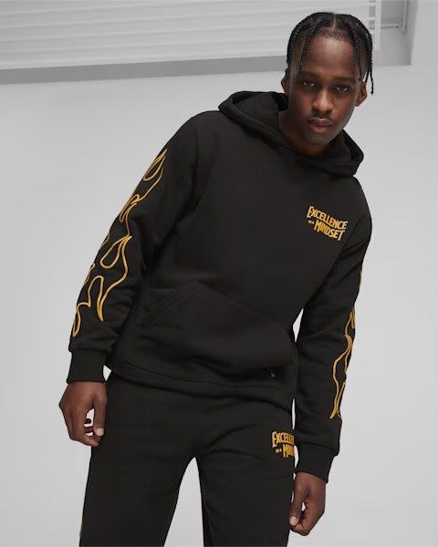 Product: PUMA - Felpa nera da uomo con cappuccio e stampa gialla