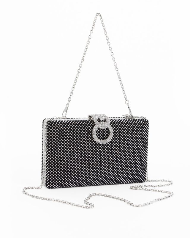 Product: Pochette clutch nera con strass argento e chiusura tre anelli con strass - DIVAS (1 of 4)