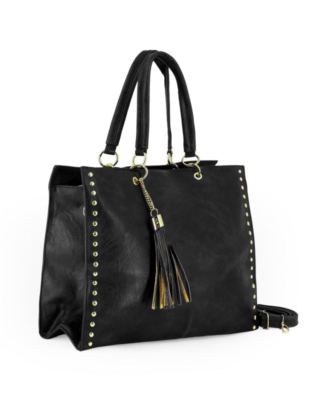 Product: NARDINI - Borsa shopping nera con tasca posteriore, pennacchio a frange e dettaglio rivetti (1 of 4)