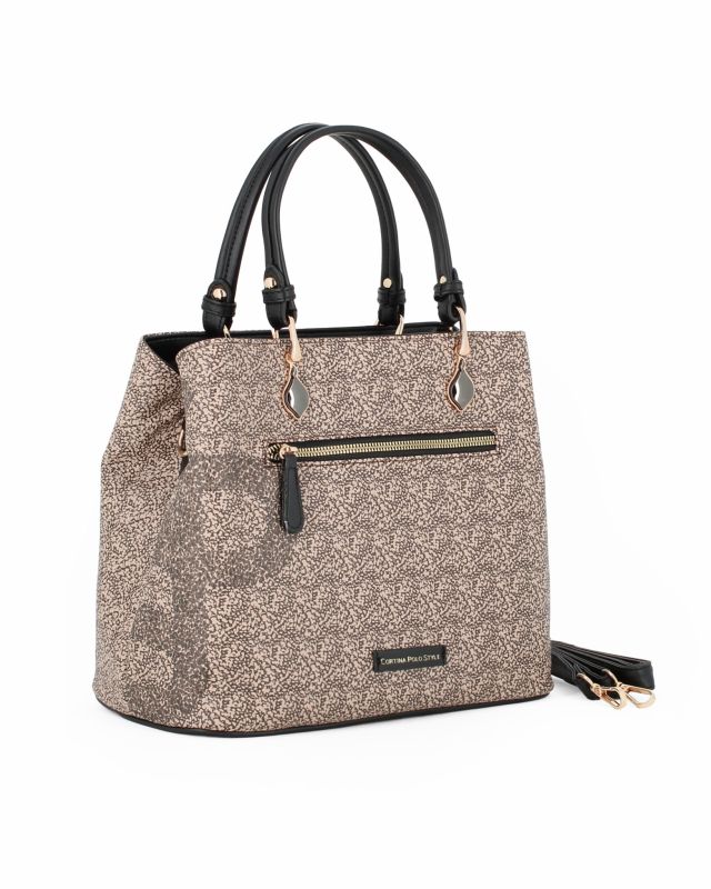 Product: CORTINA POLO STYLE - Borsa due manici taupe con tasca frontale e stampa logo, tracolla removibile (1 of 4)