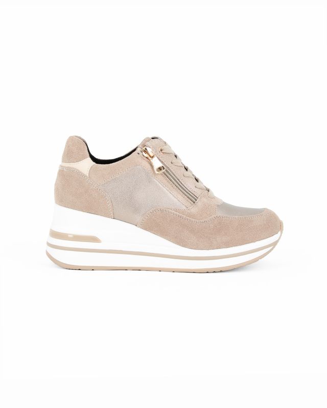 Product: MISS GLOBO - Scarpa sneakers khaki scamosciata in VERA PELLE con zeppa, lacci e zip laterale (1 of 4)