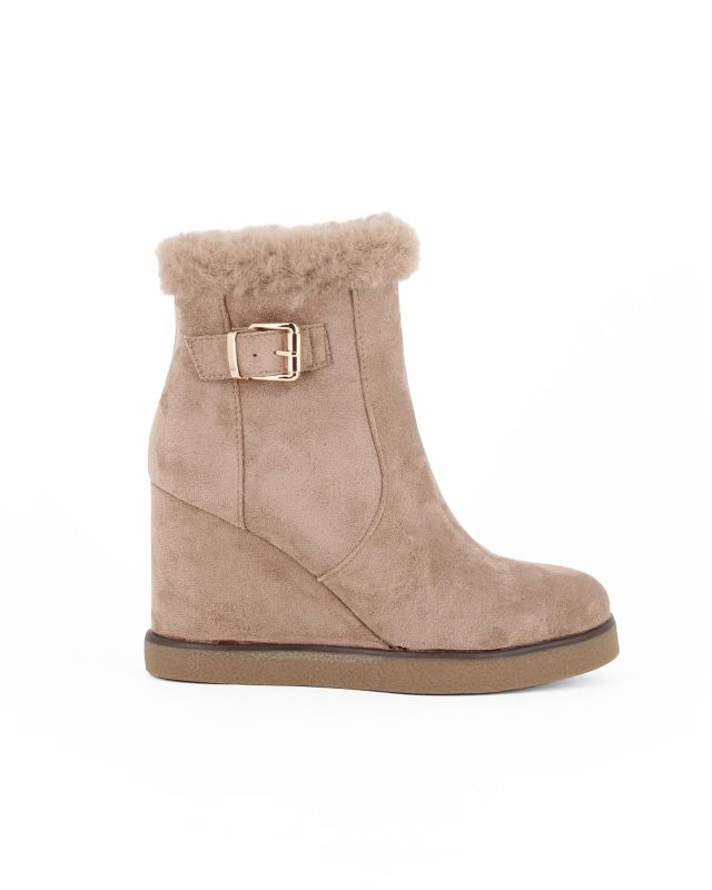 Product: ZOE - Stivale khaki scamosciato con zip laterale e dettaglio bordo con pelliccetta, zeppa 9CM (1 of 4)