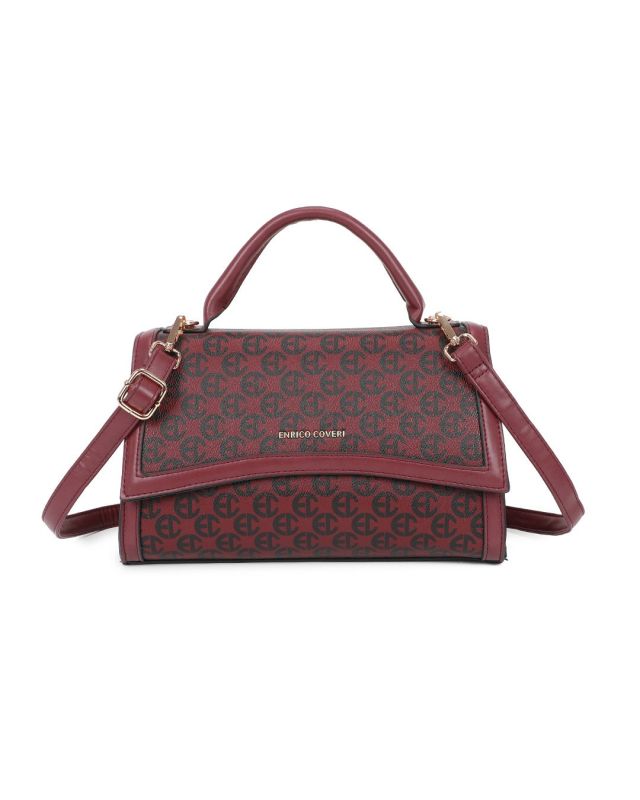 Product: ENRICO COVERI - Borsa a mano bordeaux loggata con patta e tasca posteriore, tracolla removibile (1 of 3)