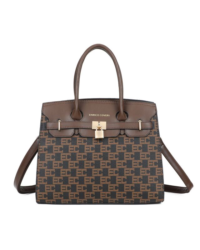 Product: ENRICO COVERI - Borsa a mano cuoio loggata con tasca posteriore e cinturino con dettaglio lucchetto, tracolla removibile (1 of 3)