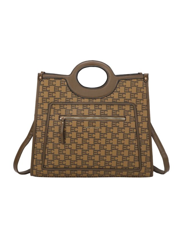 Product: ENRICO COVERI - Borsa a mano taupe loggata con tasca frontale e posteriore, tracolla removibile (1 of 3)