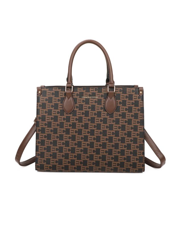 Product: ENRICO COVERI - Borsa due manici loggata nera/cuoio con tracolla removibile (1 of 3)