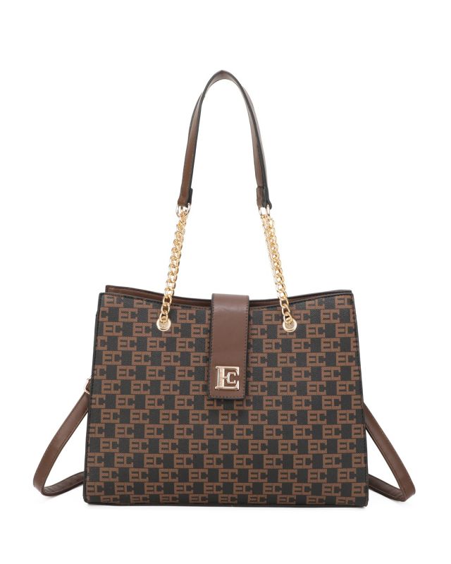 Product: ENRICO COVERI - Borsa shopping cuoio loggata con pattina e tasca posteriore, tracolla removibile (1 of 3)