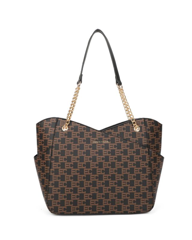 Product: ENRICO COVERI - Borsa shopping loggata nera con tasche laterali e manici con catena (1 of 3)