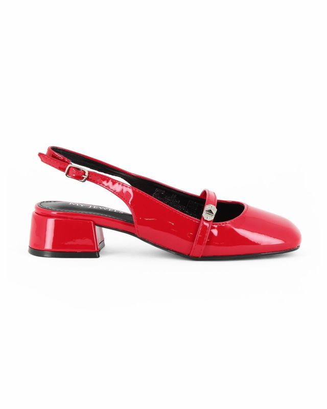 Product: MY JEWELS - Ballerina slingback rossa in vernice con punta quadrata e cinturino frontale, tacco 3,5CM (1 of 4)