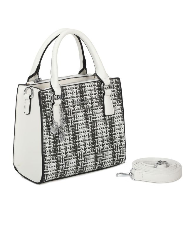 Product: NARDINI - Borsa due manici bianca e nera effetto intreccio con ciondoli e tre scomparti principali, tracolla removibile (1 of 3)