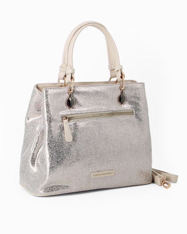 Product: CORTINA POLO STYLE - Borsa a due manici argento con tasca frontale e tracolla removibile (1 of 4)