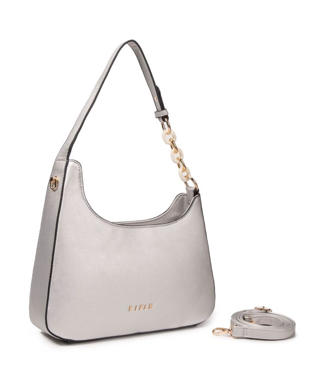 Product: RIFLE - Borsa a spalla argento con tasca posteriore e catena sul manico, tracolla removibile (1 of 3)