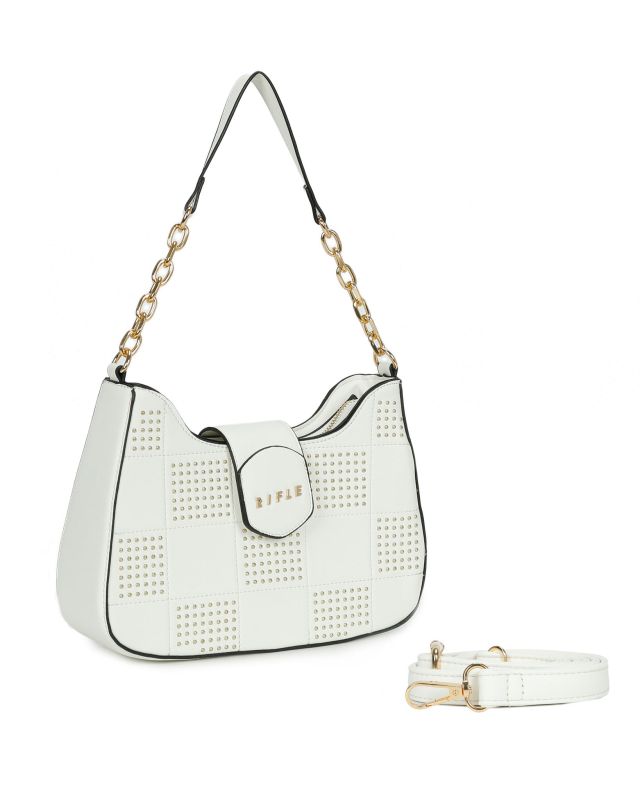 Product: RIFLE - Borsa a spalla bianca con tasca posteriore, pattina e dettaglio borchie oro, tracolla removibile (1 of 3)