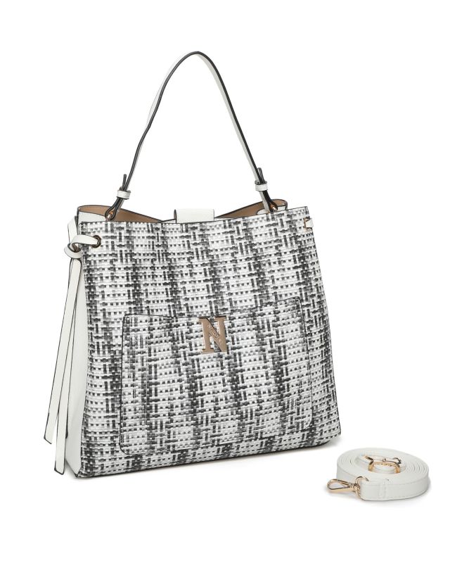 Product: NARDINI - Borsa a mano bianca e nera effetto intreccio con due scomparti interni e tasca frontale, tracolla removibile (1 of 3)