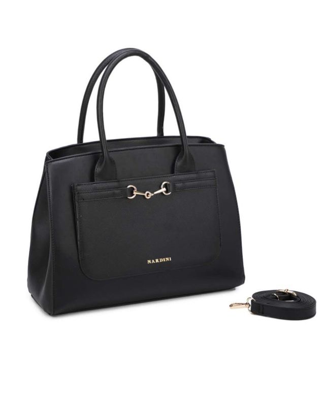 Product: NARDINI - Borsa due manici nera con tasca frontale e dettaglio morsetto, tracolla removibile (1 of 3)
