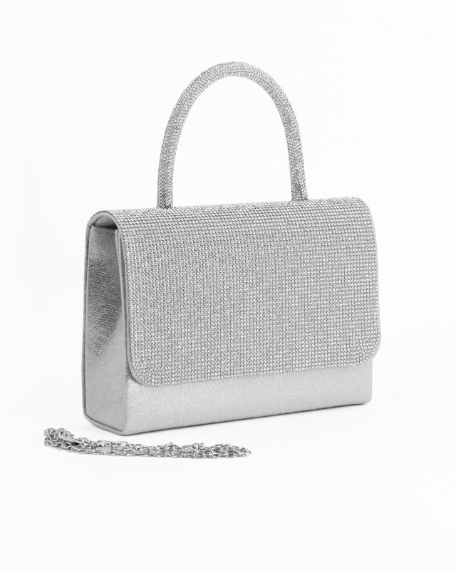 Product: DIVAS - Pochette argento con patta e manico in strass, tracolla removibile (1 of 16)