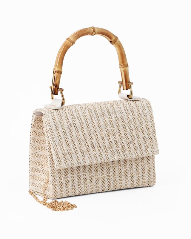 Product: DIVAS - Pochette bianca con trama ad intreccio e manico in bamboo, tracolla removibile (1 of 4)