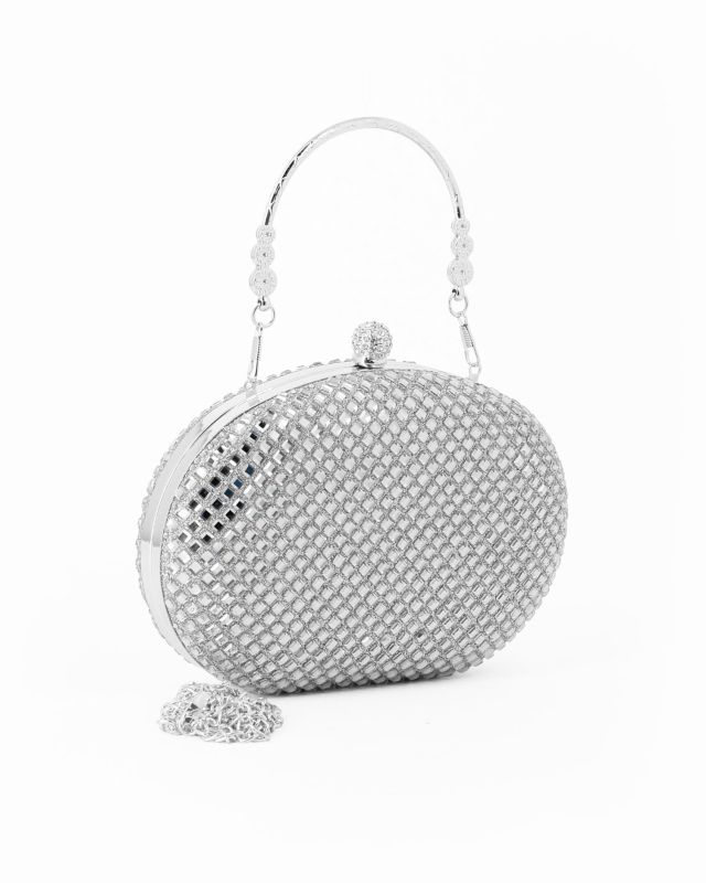 Product: DIVAS - Clutch argento con strass  e pomello strass, tracolla e manico removibili (1 of 4)