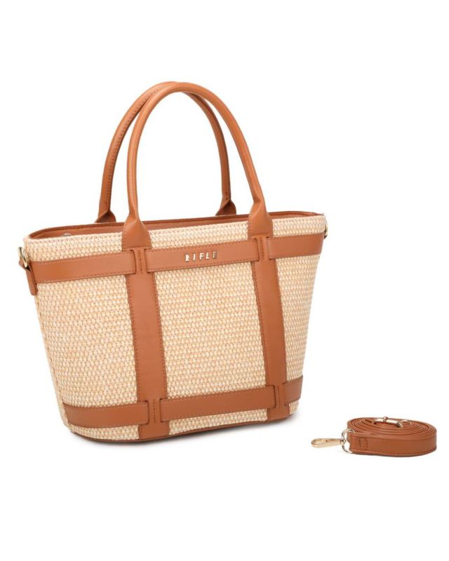 Product: RIFLE - Borsa due manici beige con tre scomparti interni e trama a intreccio, tracolla removibile (1 of 3)