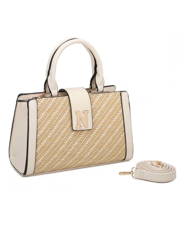 Product: NARDINI - Borsa due manici beige con parte frontale in paglia e mini pattina, tracolla removibile (1 of 3)