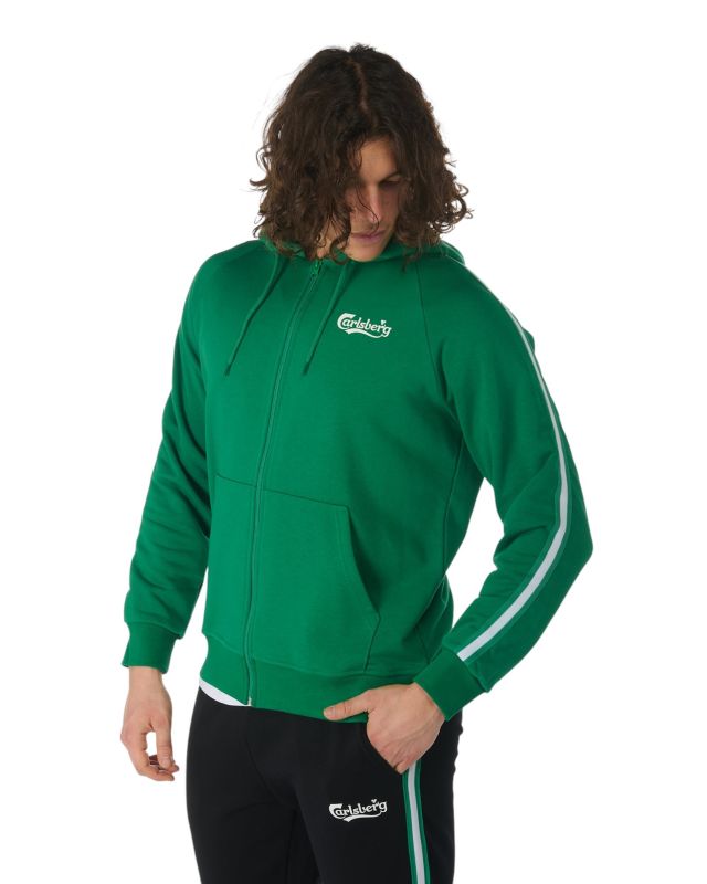 Product: CARLSBERG - Felpa verde full zip con bande e cappuccio (1 of 5)