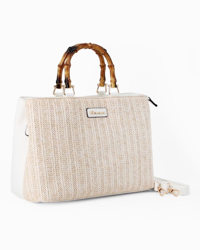 Product: NARDINI - Borsa due manici bianca con parte frontale effetto paglia, tasca posteriore e due scomparti interni, tracolla removibile (1 of 4)