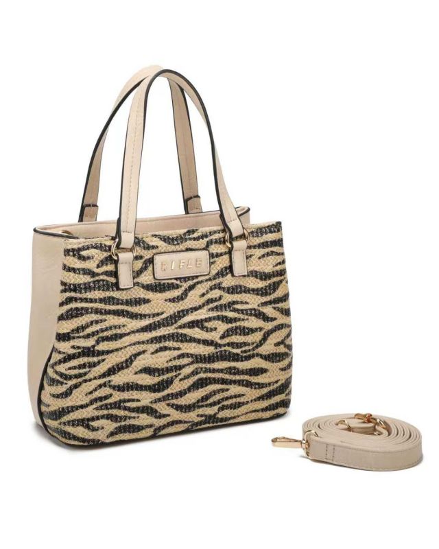 Product: RIFLE - Borsa a due manici beige con tre  scomparti interni e trama frontale zebrata a intreccio, tracolla removibile (1 of 3)