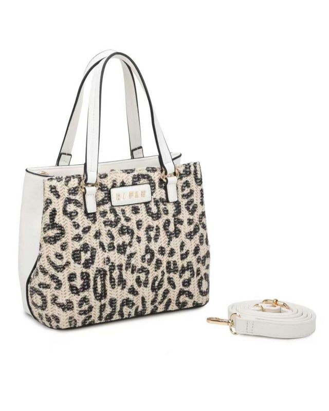 Product: RIFLE - Borsa a due manici beige con tre  scomparti interni e trama frontale maculata a intreccio, tracolla removibile (1 of 3)