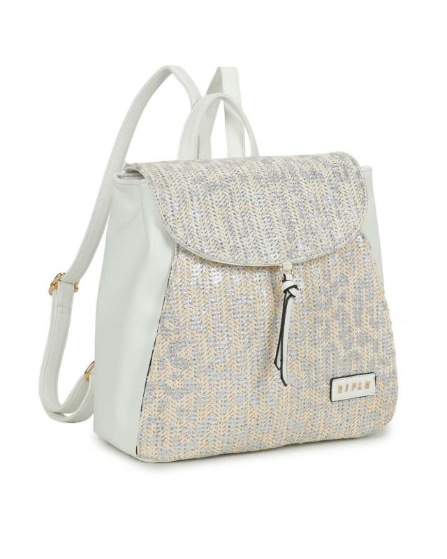 Product: RIFLE - Zaino bianco con parte frontale maculata argento in paglia, patta e tasca posteriore (1 of 3)