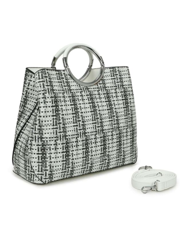 Product: NARDINI - Borsa due manici bianca e nera effetto intreccio con tasca posteriore e tre scomparti interni, tracolla removibile (1 of 3)