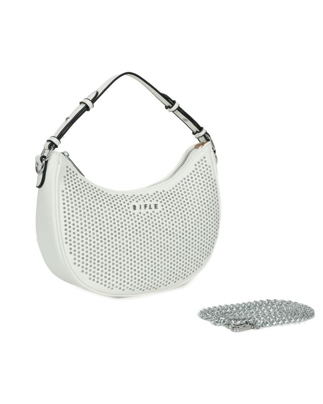 Product: RIFLE - Borsa mezzaluna a spalla bianca con borchie, tracolla a catenina removibile (1 of 3)