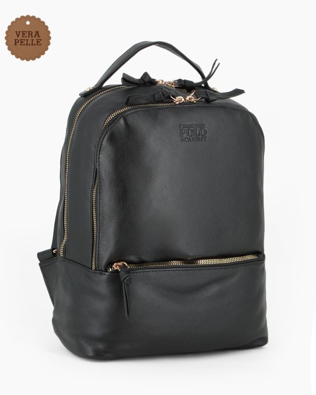 Product: CHESTER POLO ACADEMY - Zaino nero in VERA PELLE con due scomparti principali e tasca frontale (1 of 5)