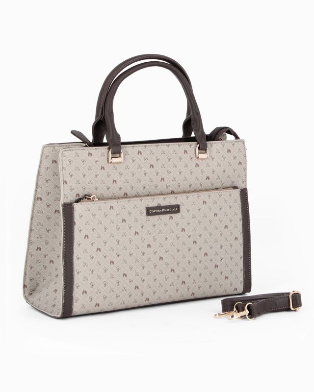 Product: CORTINA POLO STYLE - Borsa due manici taupe loggata con tasca frontale, tracolla removibile (1 of 4)