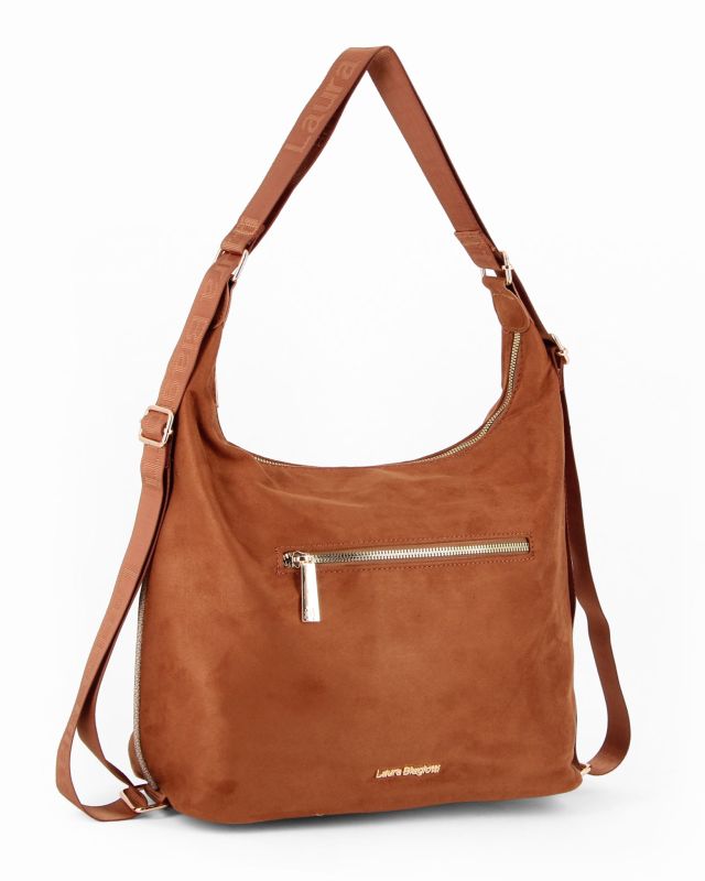 Product: LAURA BIAGIOTTI - Borsa/Zaino scamosciata cognac con tasca frontale e posteriore (1 of 4)