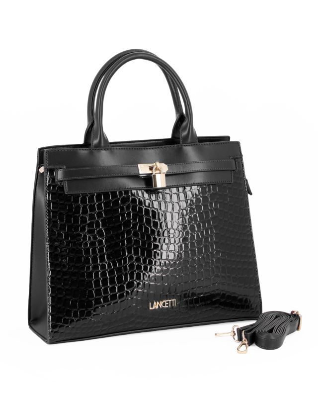 Product: LANCETTI - Borsa a due manici nera in cocco con dettaglio lucchetto sul davanti, tracolla removibile (1 of 3)
