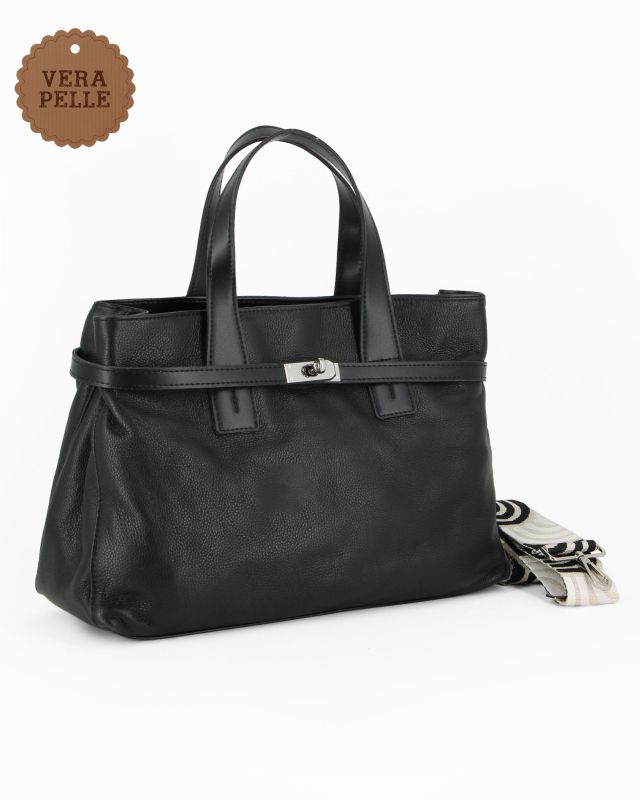 Product: DIVAS - Borsa due manici nera in VERA PELLE con tracolla nastro - MADE IN ITALY (1 of 4)