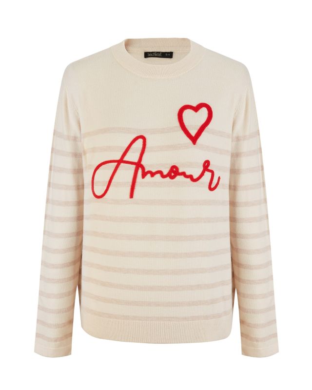 Product: BACHATA - Maglia manica lunga avorio a righe beige con scritta Amour (1 of 2)
