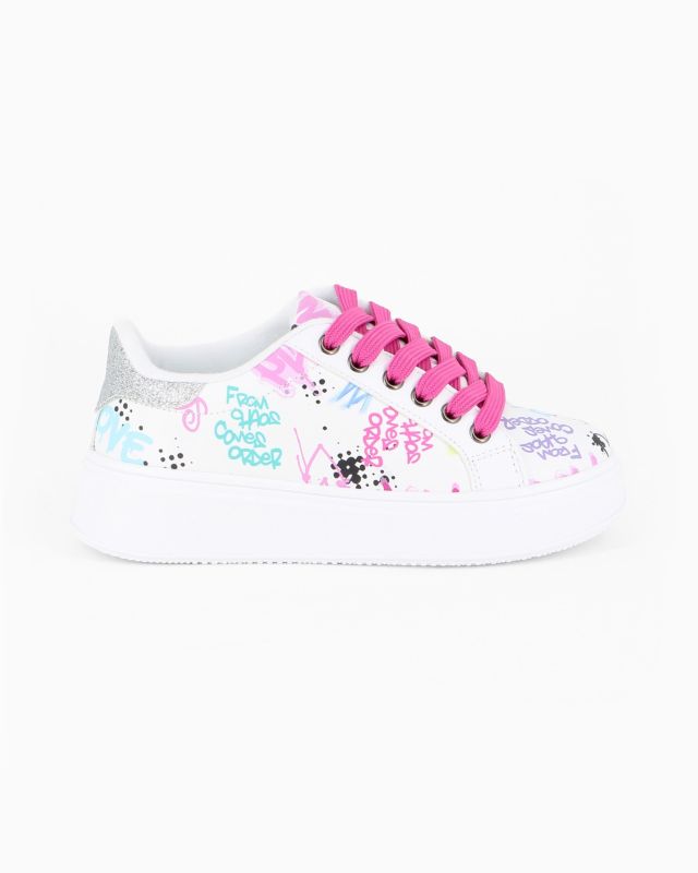 Product: MISS GLOBO - Scarpa sneakers bianca da bambina con lacci fucsia (1 of 4)
