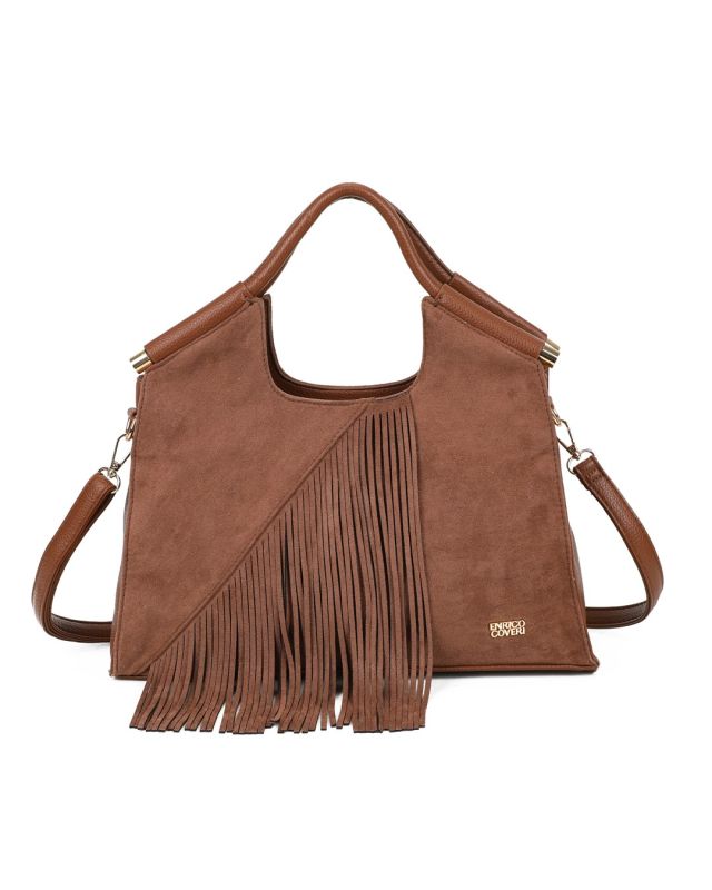 Product: ENRICO COVERI - Borsa a mano marrone scamosciata con frange e tasca posteriore, tracolla removibile (1 of 3)