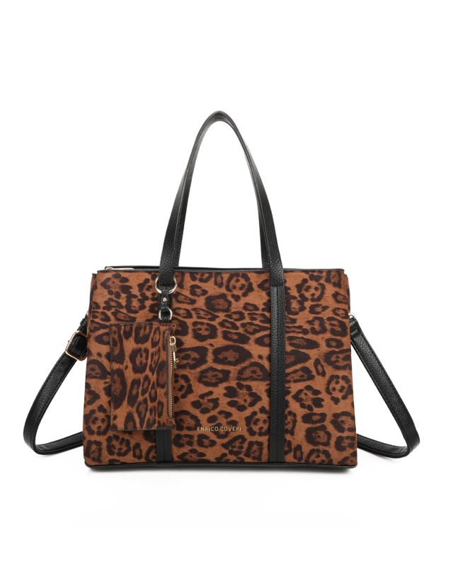 Product: ENRICO COVERI - Borsa due manici maculata con tre scomparti principali e pochette, tracolla removibile (1 of 3)