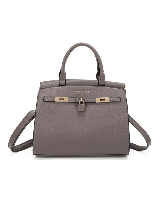 Product: ENRICO COVERI - Borsa due manici grigia con tasca posteriore e dettaglio lucchetto, tracolla removibile (1 of 3)