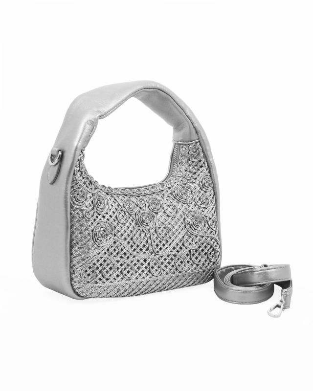 Product: RIFLE - Borsa a spalla argento con parte frontale intrecciata, tracolla removibile (1 of 4)