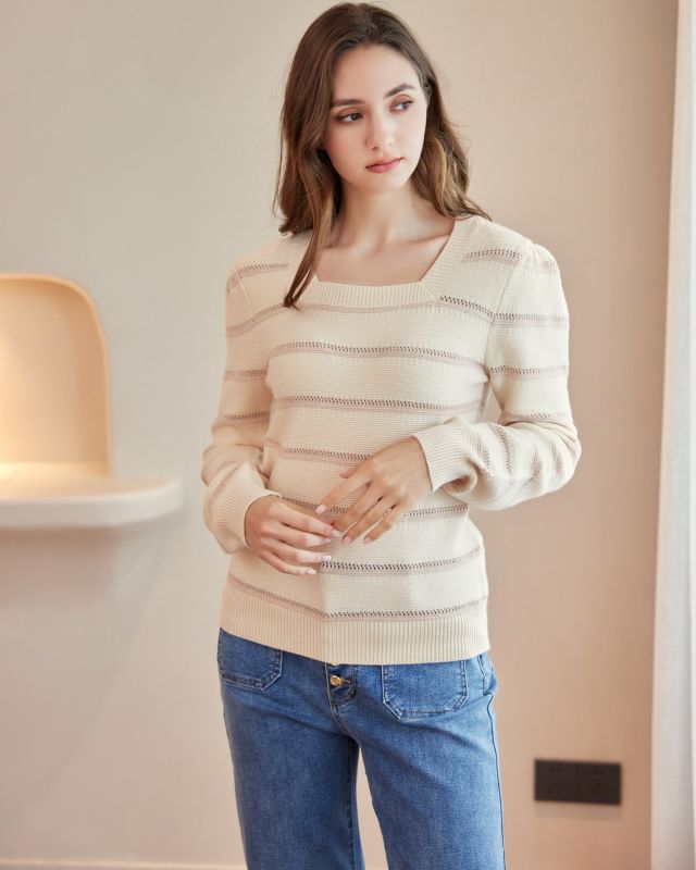 Product: BACHATA - Maglia manica lunga avorio a righe beige con scollo quadrato (1 of 5)