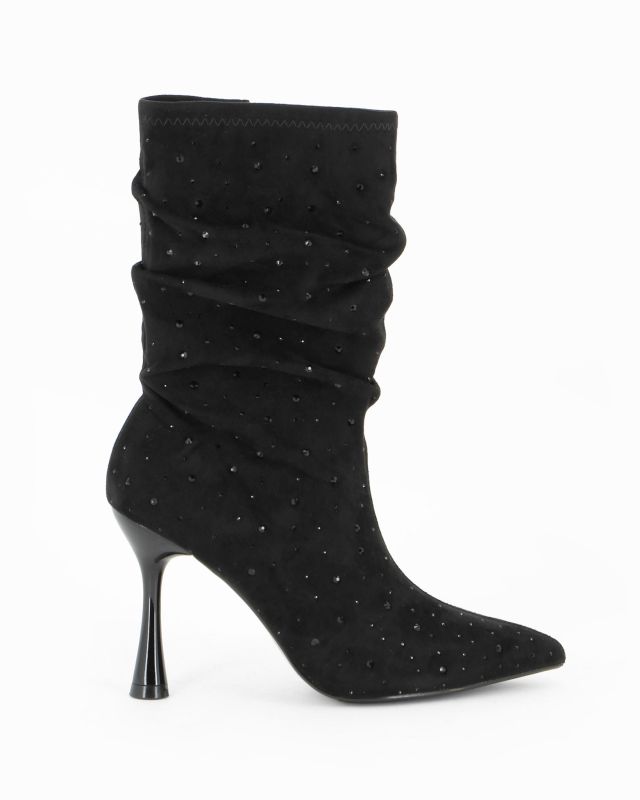 Product: MISS GLOBO - Stivale nero scamosciato a punta con zip laterale e gambale arricciato con strass, tacco 9,5 CM (1 of 4)