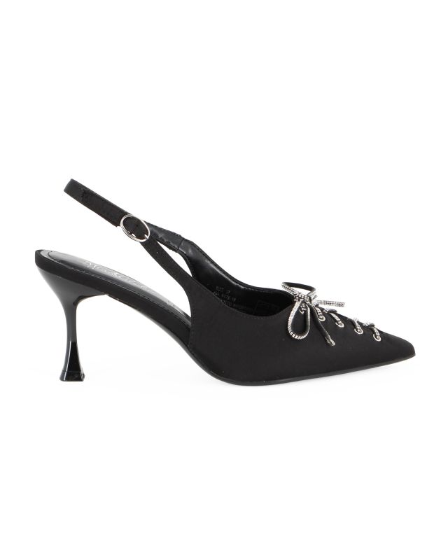 Product: MISS GLOBO - Décolleté slingback nera in raso con lacci e fiocco in strass sulla punta e sottopiede in memory foam, tacco 7CM (1 of 5)